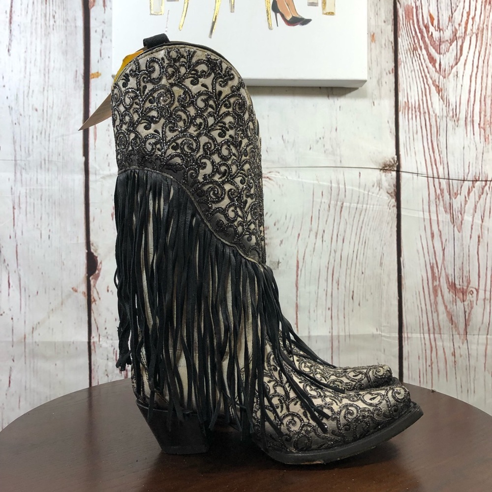 CORRAL handcrafted Fringe Embroidered Western Women’s Boot - Black and Cream 7